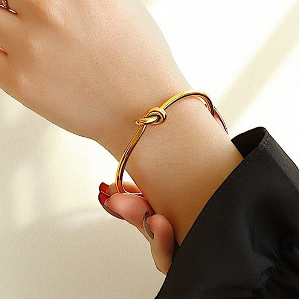 Knot Tie Gold Plated Bangle Cuff Bracelet - Picture 4 of 15